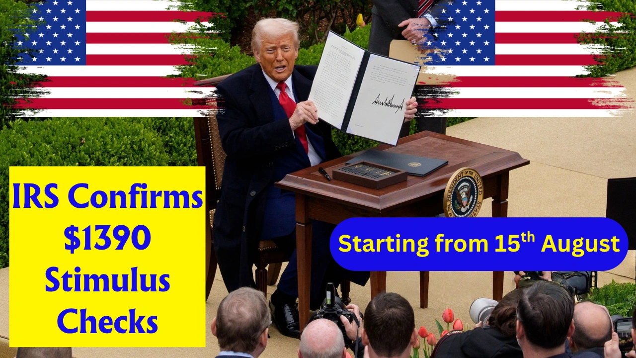 Smiling diverse family checking mobile banking app for $1390 IRS stimulus check deposit notification mid-2025